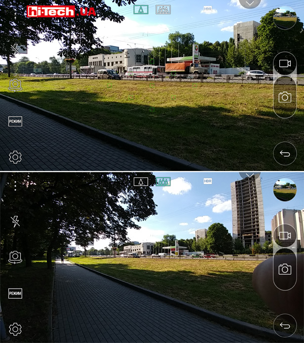 Угол обзора LG G5 se при съемке основной (сверху) и дополнительной камерами