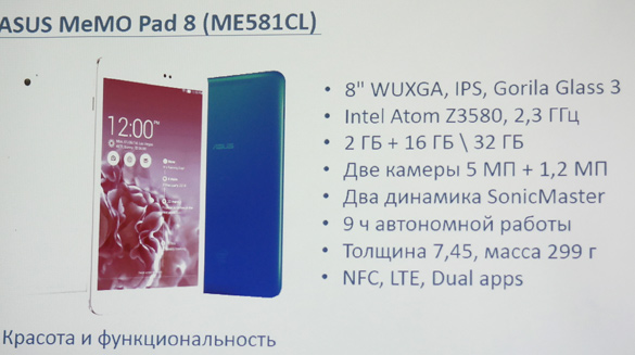 Основные характеристики ASUS MeMO Pad 8 (ME581CL)