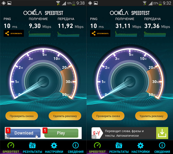 Скорость интернет-соединения при работе Kingston MobileLite Wireless G2 в режиме моста (слева) и точки доступа