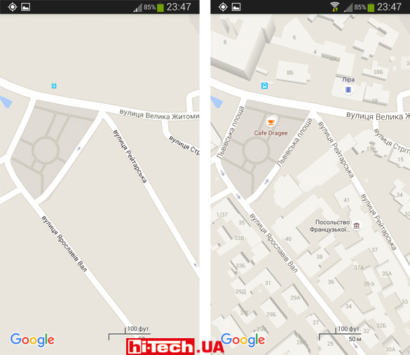 Карта для офлайн-доступа приложения Google Maps получается заметно менее детализированной 