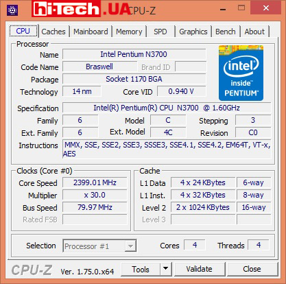 Характеристики процессора MSI Cubi N в CPU-Z. В нашей конфигурации был установлен Intel Processor N3700
