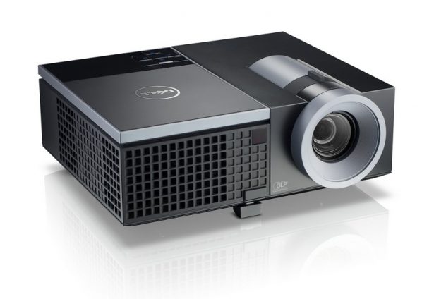 Dell 4220 projector, elevated with display open to 75 degrees, featured on a white background. <a href=
