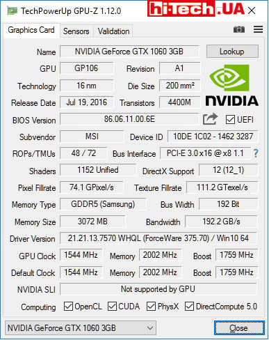 Характеристики MSI GEFORCE GTX 1060 ARMOR 3G OCV1 (приложение GPU-Z)