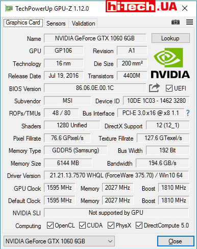 Характеристики MSI GEFORCE GTX 1060 GAMING X 6G (приложение GPU-Z)