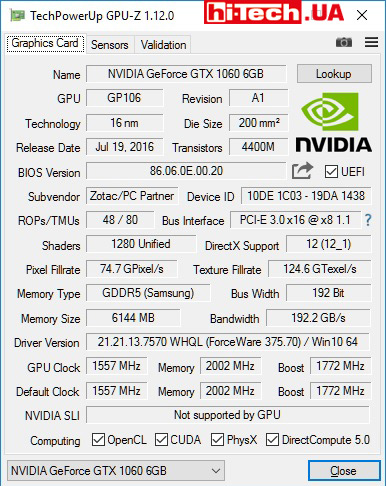 Характеристики Zotac GeForce GTX 1060 AMP! Edition (приложение GPU-Z)