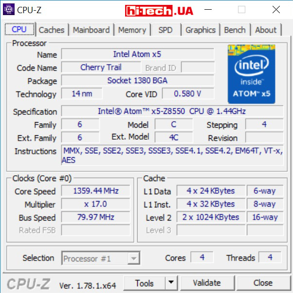 Характеристики используемого в Lenovo Yoga Book процессора до данным приложения CPU-Z