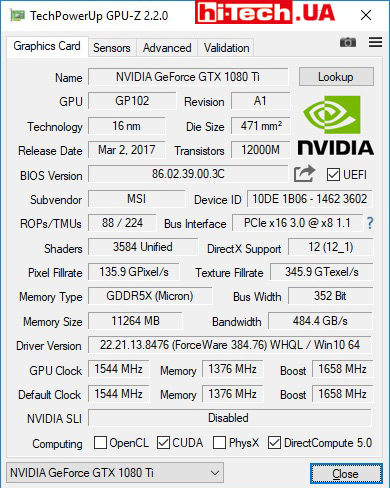 Характеристики видеокарты MSI GEFORCE GTX 1080 TI GAMING X 11G по данным GPU-Z