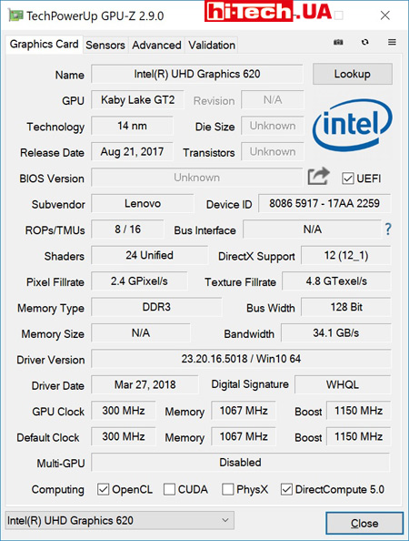Характеристики встроенного видеоадаптера Intel UHD Graphics 620