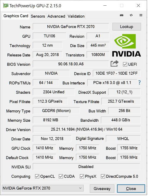 Характеристики Inno3D GeForce RTX 2070 Gaming OC X2 (данные приложения GPU-Z)