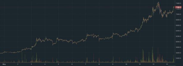 Изменение курса Bitcoin с начала мая по данным крупной криптовалютной биржи bitfinex.com