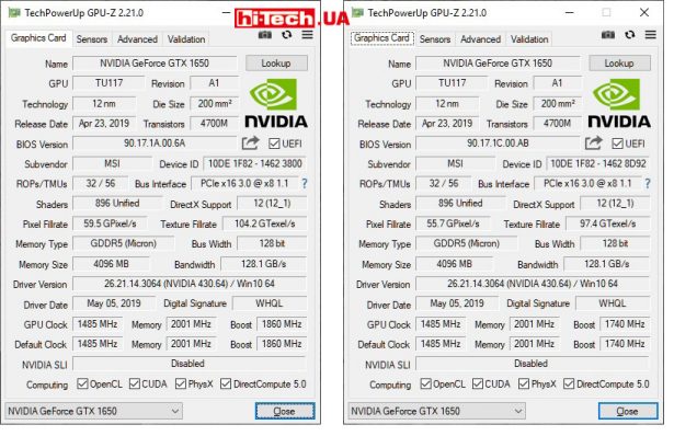Характеристики MSI GeForce GTX 1650 GAMING X 4G (слева) и MSI GeForce GTX 1650 VENTUS XS 4G OC (данные приложения GPU-Z)