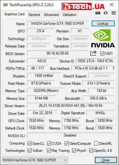 Характеристики ASUS Dual GeForce GTX 1660 SUPER EVO OC (данные приложения GPU-Z)