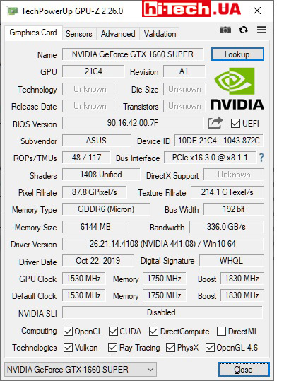 Характеристики ASUS TUF Gaming X3 GeForce GTX 1660 SUPER OC (данные приложения GPU-Z)