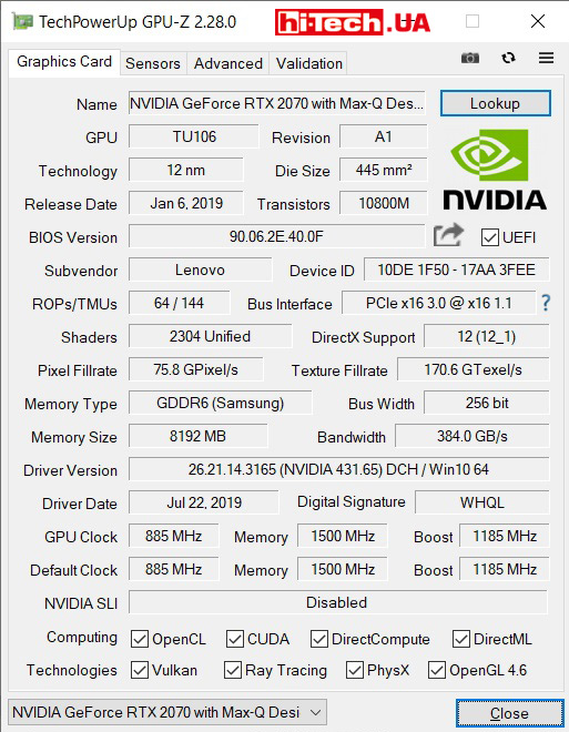 Характеристики видеоадаптера Nvidia GeForce RTX 2070 Max-Q в Lenovo Legion Y740 (GPU-Z)