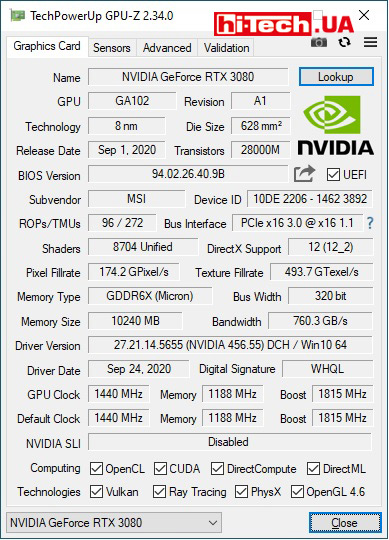 Характеристики MSI GeForce RTX 3080 GAMING X TRIO 10G по данным GPUZ