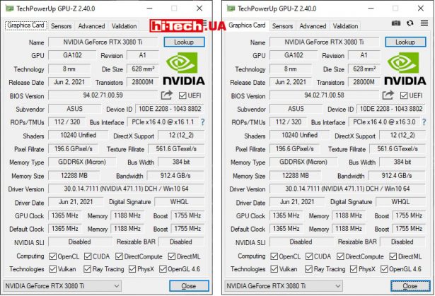 Параметры видеокарты по данным GPU-Z (слева включена микросхема BIOS с P-режимом, справа — с Q-режимом)