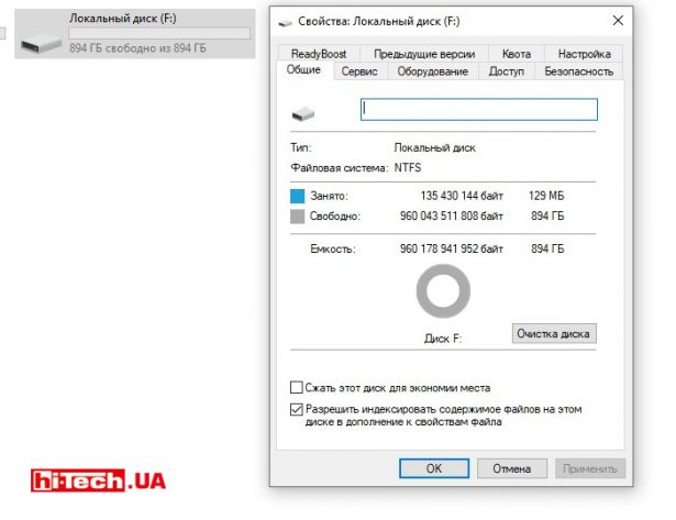 Объем свободного пространства пустого диска в Windows 10