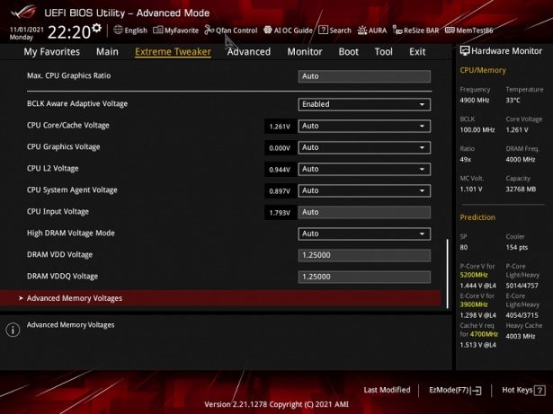 bios advanced mode voltage set