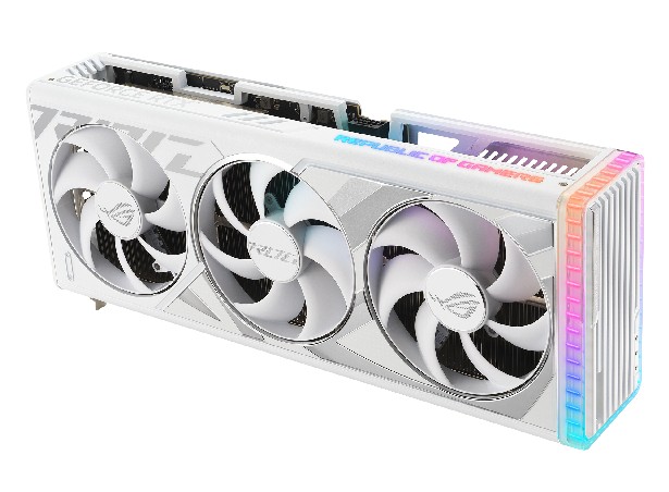 ROG Strix GeForce RTX 4080 white edition graphics card highlighting the fans ARGB
