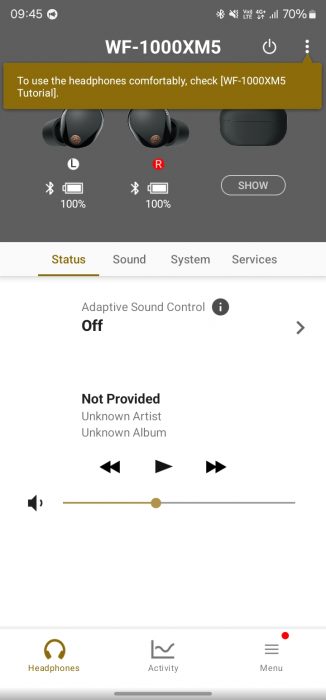 Sony WF-1000XM5 app screen