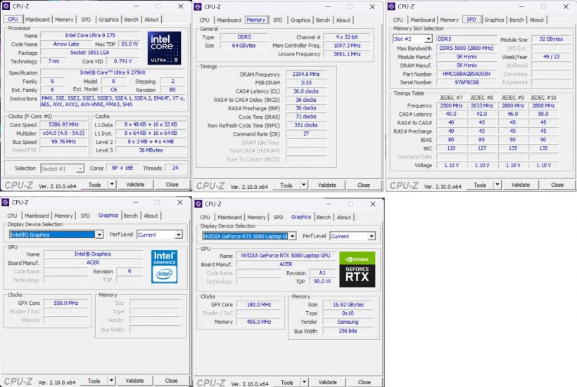 Acer Predator Helios 18 AI (PH18-73) CPU Z Acer Predator Helios 18 AI