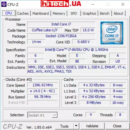 Характеристики установленного процессора Intel Core i7-8650U