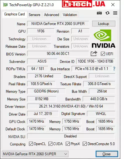 Характеристики ASUS Dual GeForce RTX 2060 SUPER EVO OC в GPU-Z