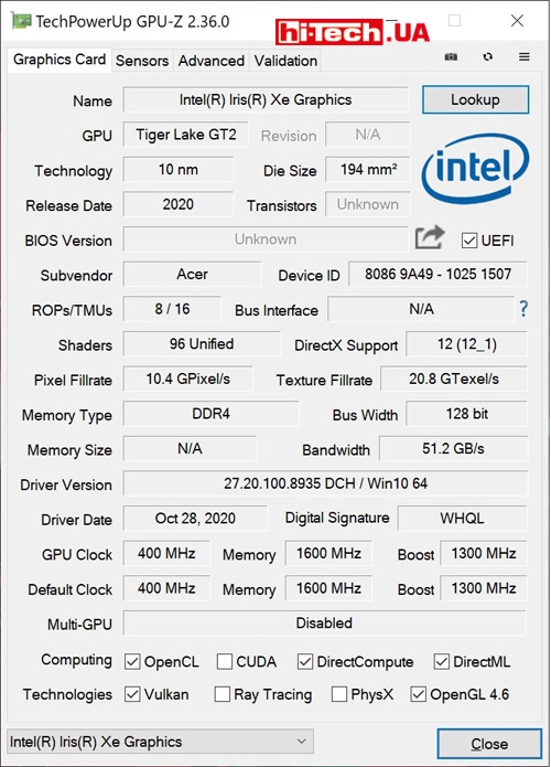 Характеристики графики Intel Iris Xe в GPU-Z