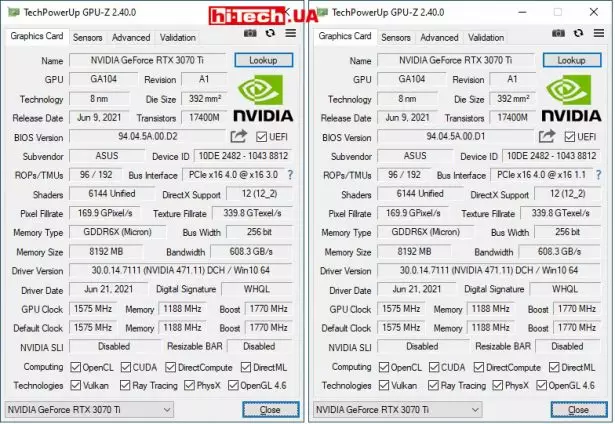 Охлаждение ASUS TUF Gaming GeForce RTX 3070 Ti в GPUZ