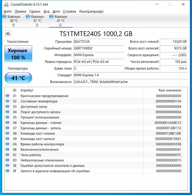 Transcend MTE240S crystal disk info